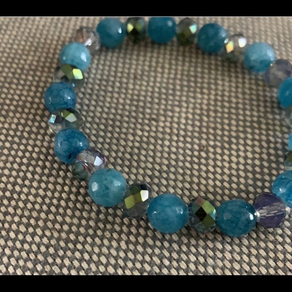 Blue Agate and Glass Beaded Stretch Bracelet